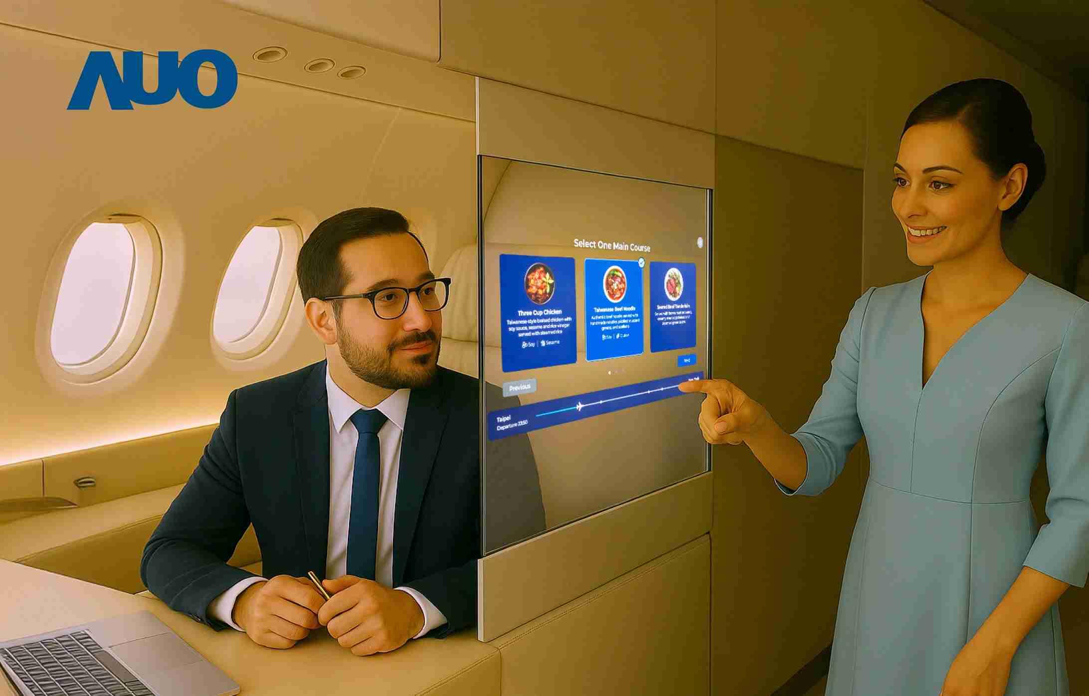 赏金国际研发全球最薄17.3 吋双面透明 Micro LED 显示器，，可在同一屏幕之双边投射不同信息，，，，创造独特的”透明化”互动；图为实时翻译交流应用情境